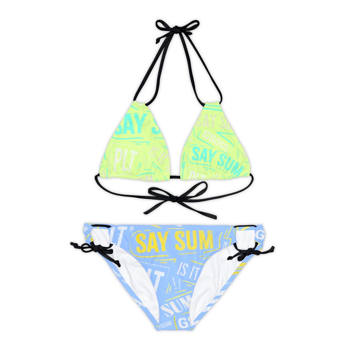 PLT "SAY SUM" Neon Grn, Sky Blue & Yellow Strappy Bikini Set