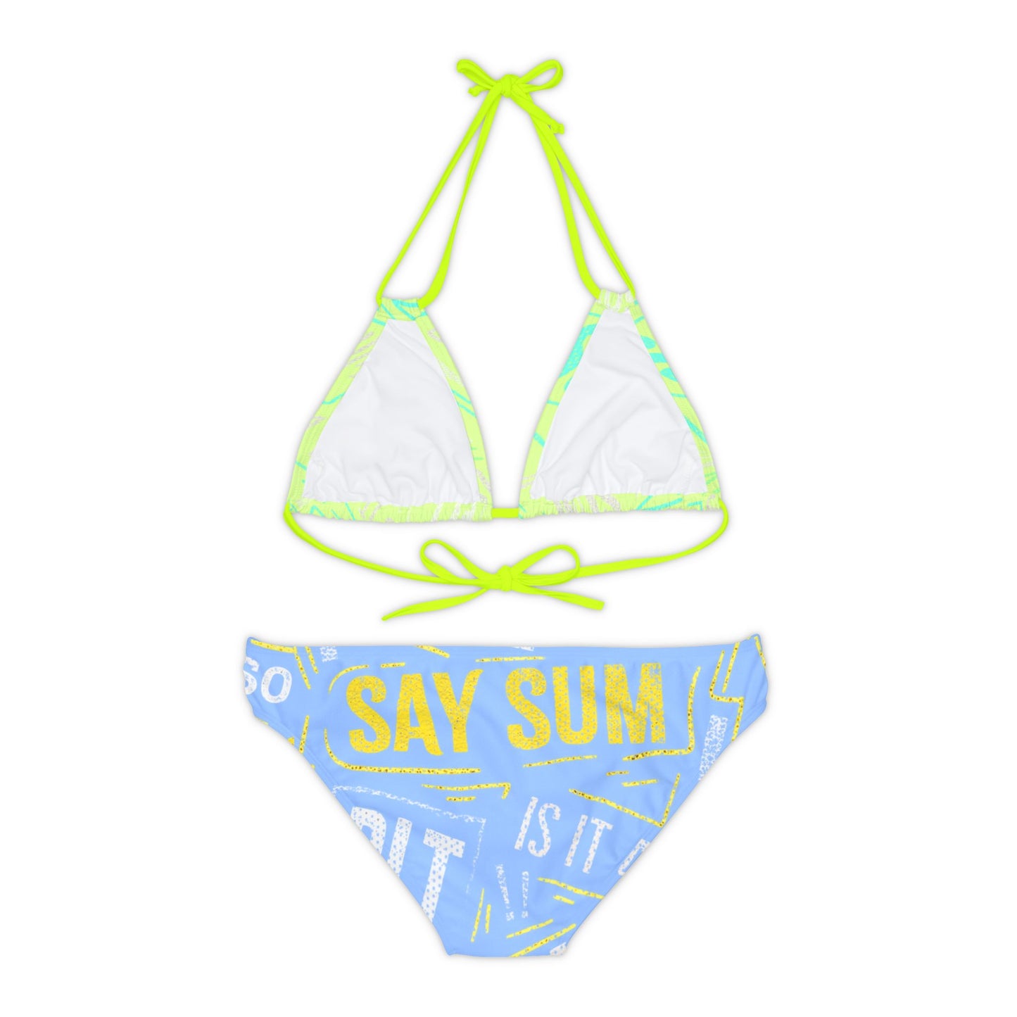 PLT "SAY SUM" Neon Grn, Sky Blue & Yellow Strappy Bikini Set