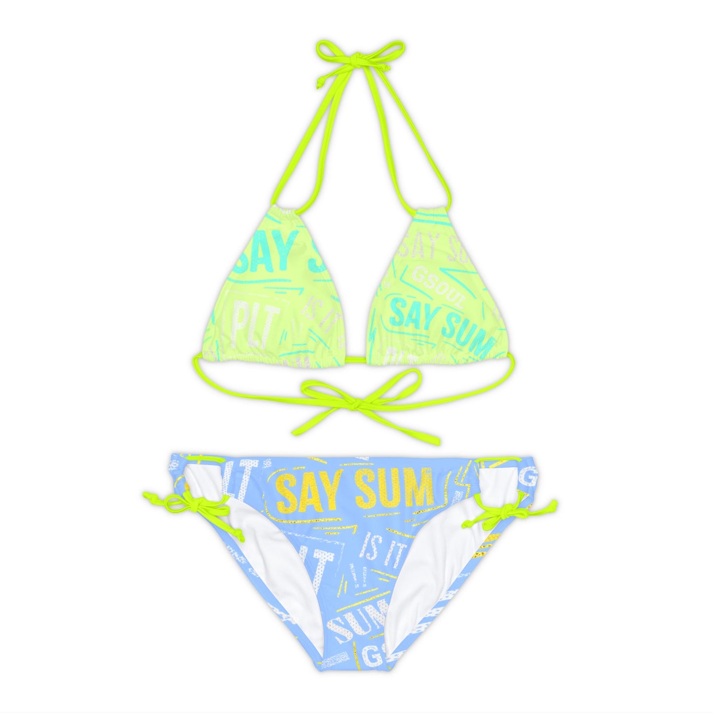 PLT "SAY SUM" Neon Grn, Sky Blue & Yellow Strappy Bikini Set